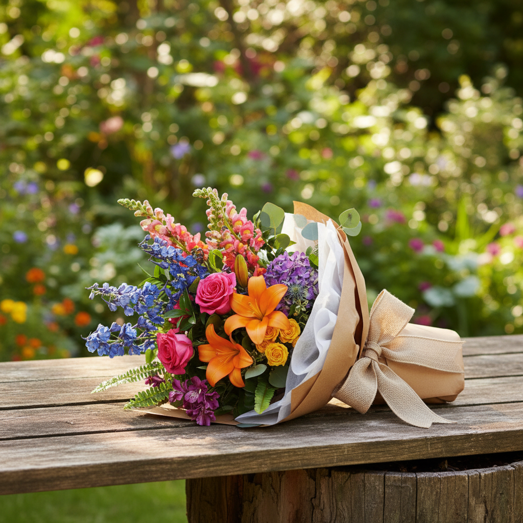 Colors Of The Rainbow Wrapped Bouquet in Natural Setting