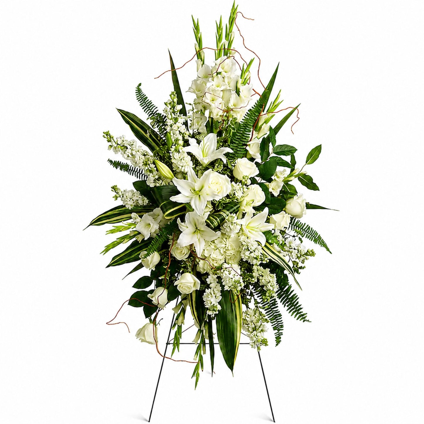 White lily and gladiolus standing spray with curly willow accents