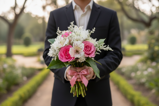 Hot Pink Hand-Tied Bouquet – Person Holding Outdoor