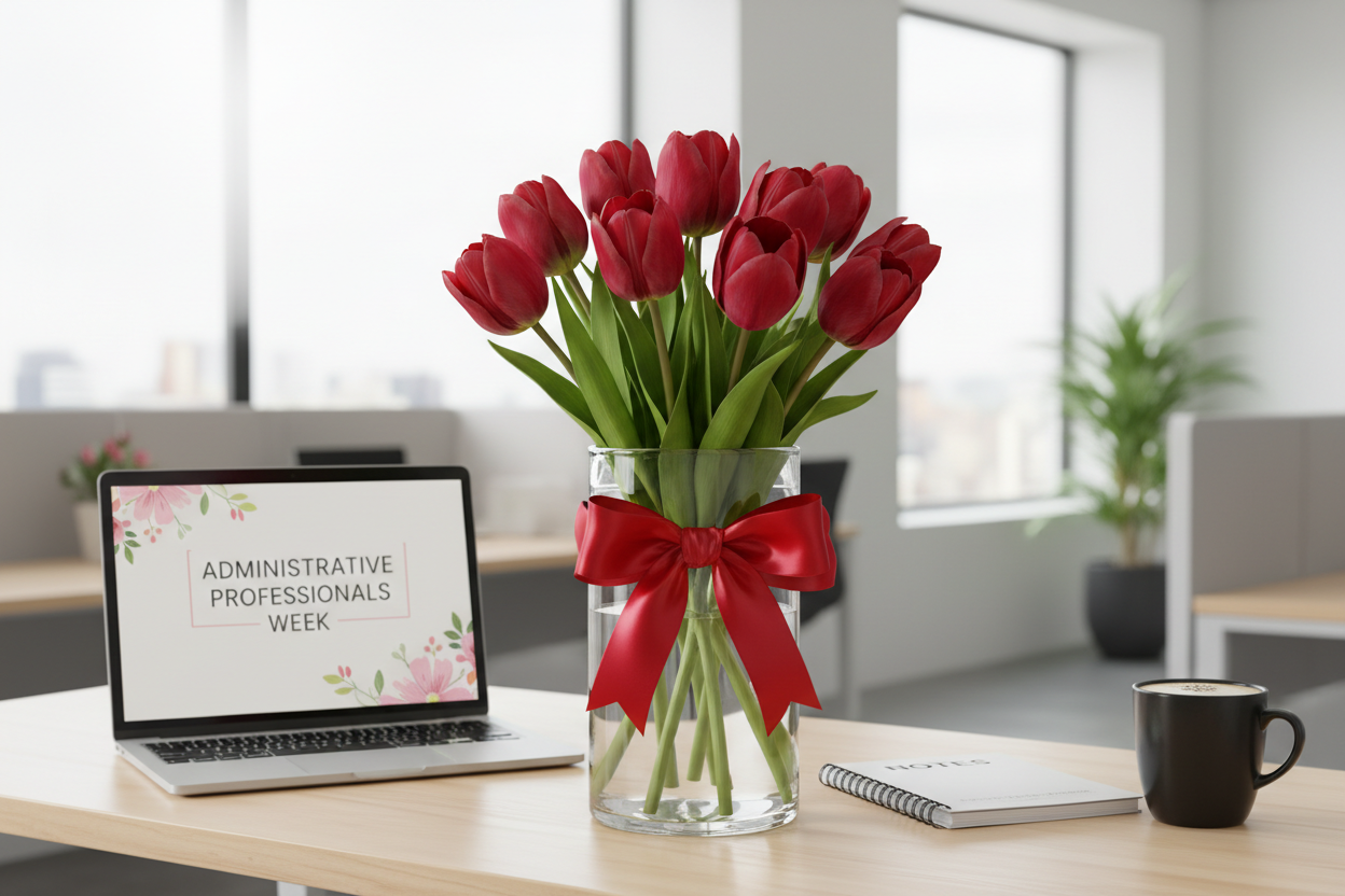 Radiantly Red Tulips in an office setting