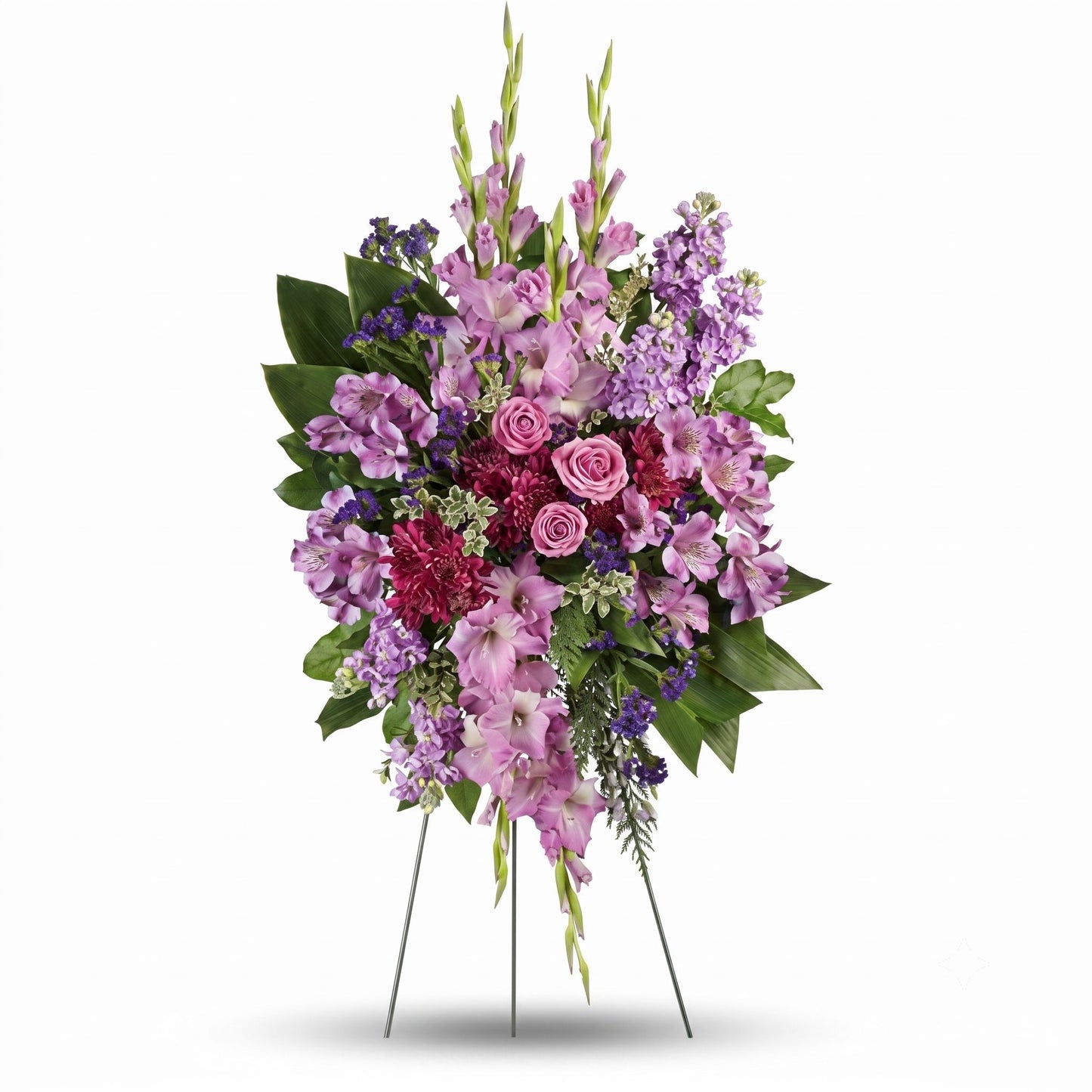 Lavender gladiolus and purple alstroemeria standing spray on easel