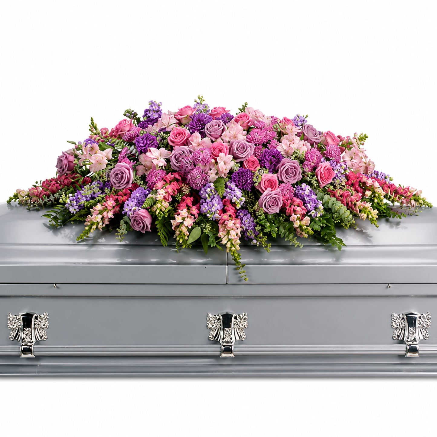 Lavender and pink rose casket spray with purple statice