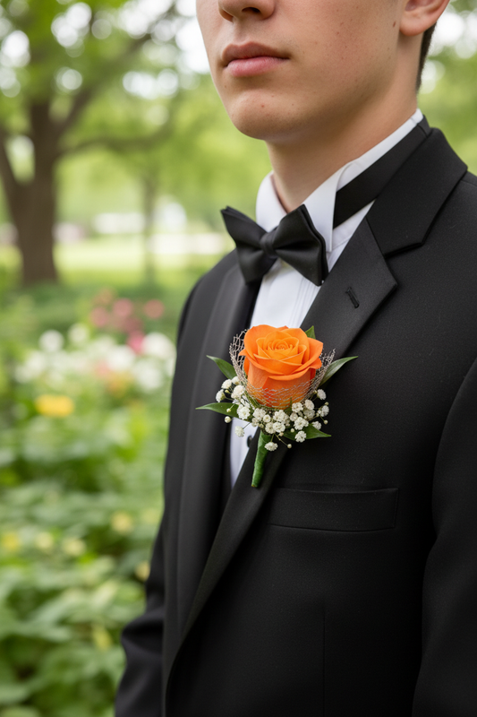 Man wearing Orange Rose Boutonniere