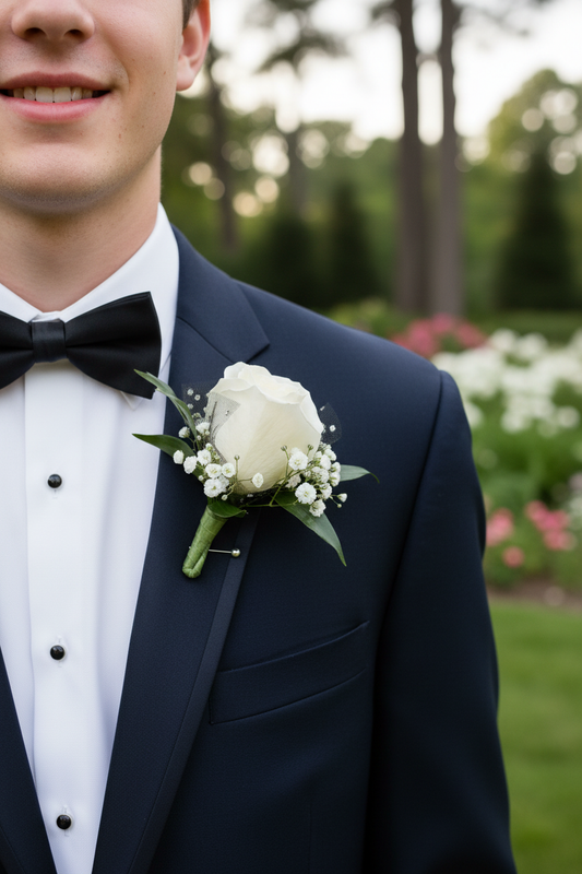 Man wearing White Rose Boutonniere