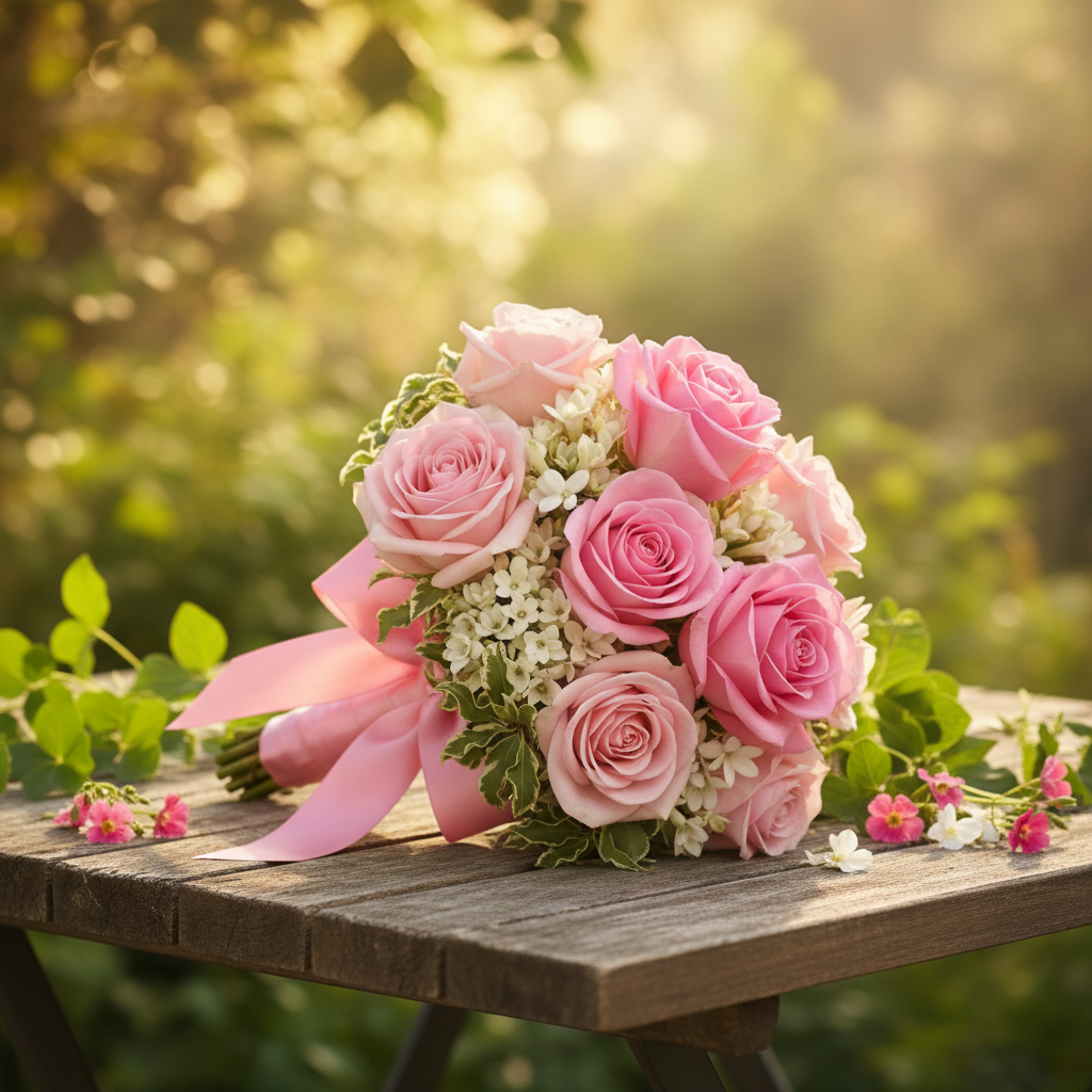 Pink Hand Tied Bouquet in Natural Setting