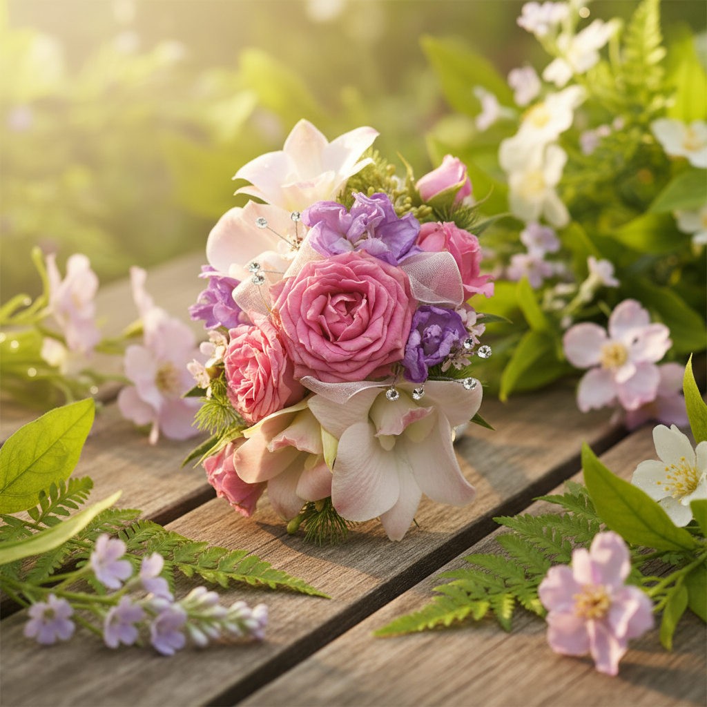 Pink & Purple Orchid Rose Wrist Corsage in Natural Setting