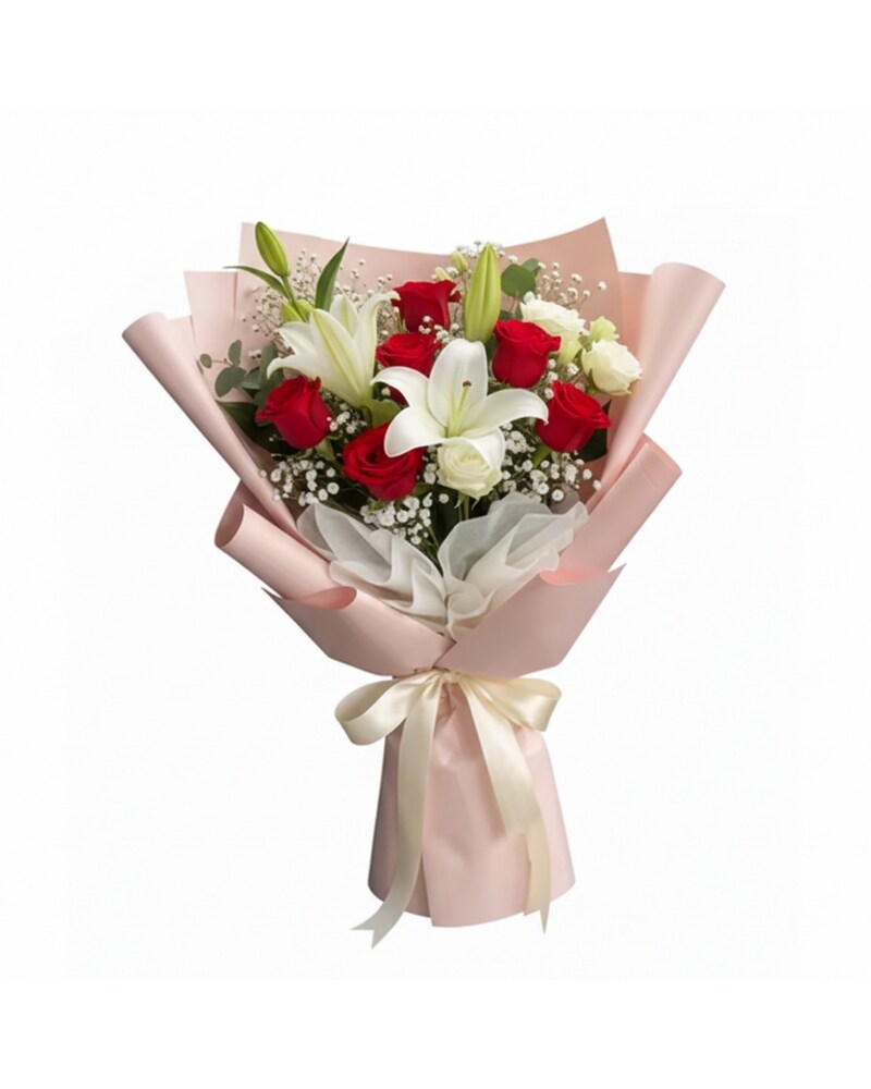 Lilies and Red Roses Wrapped Bouquet - Karen's Floral Expressions