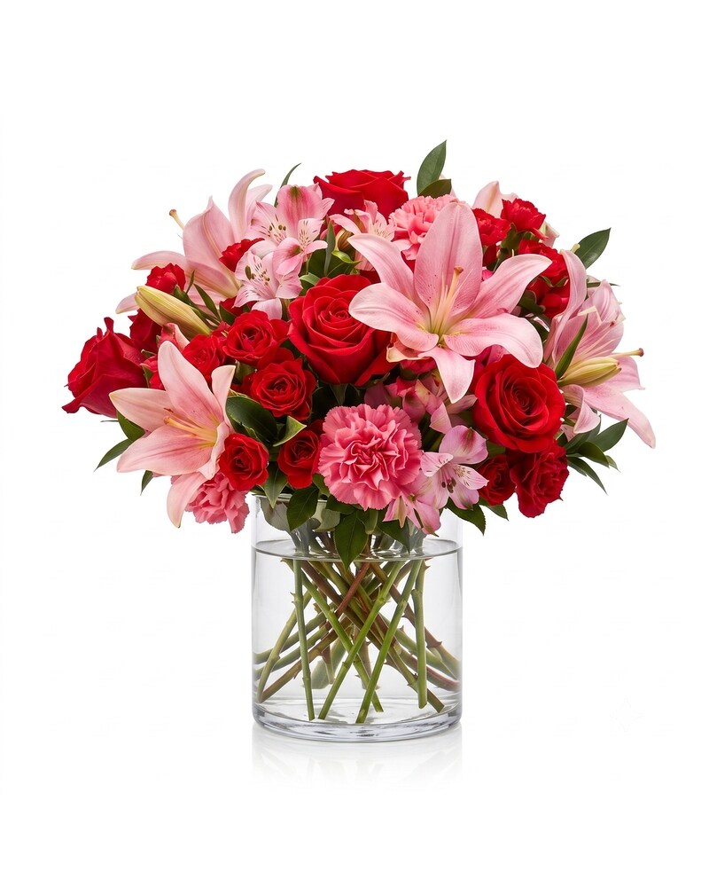 Pink Lillies and Red Roses Centerpiece - Karen's Floral Expressions