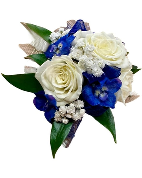 Elegant Blue and White Homecoming Wrist Corsage