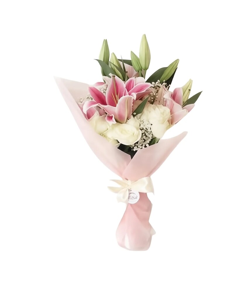 Stargazers and White Roses Wrapped Bouquet - Karen's Floral Expressions