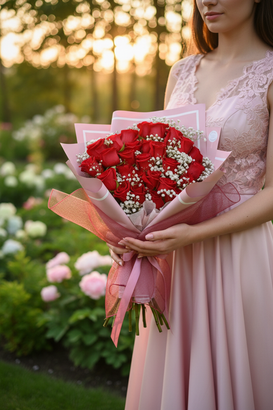 Woman holding 24 Roses With Love Wrapped Bouquet