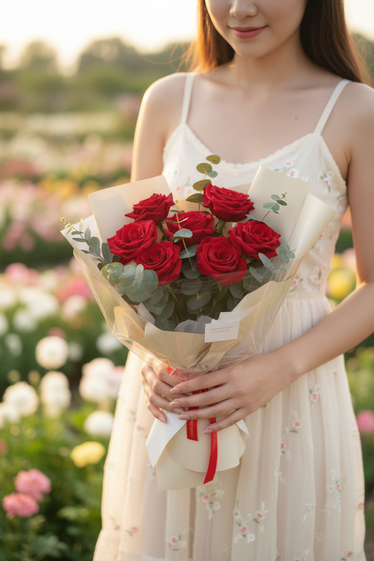 Woman holding 6 Roses With Love Wrapped Bouquet