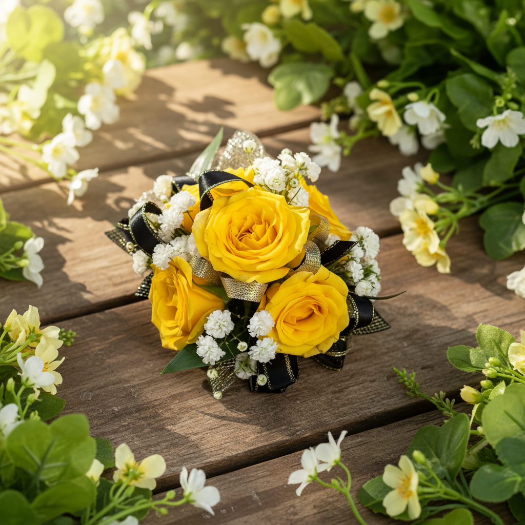 Yellow Rose Wrist Corsage in Natural Setting