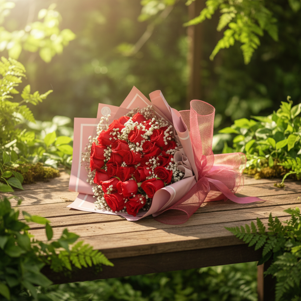 24 Roses With Love Wrapped Bouquet in Natural Setting