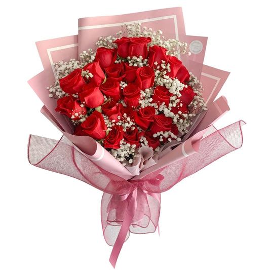 24 premium red roses wrapped bouquet with baby's breath and pink ribbon — Karen's Floral Expressions, Bolingbrook, IL