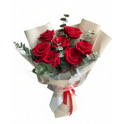 6 premium red roses wrapped bouquet with eucalyptus and red ribbon — Karen's Floral Expressions, Bolingbrook, IL