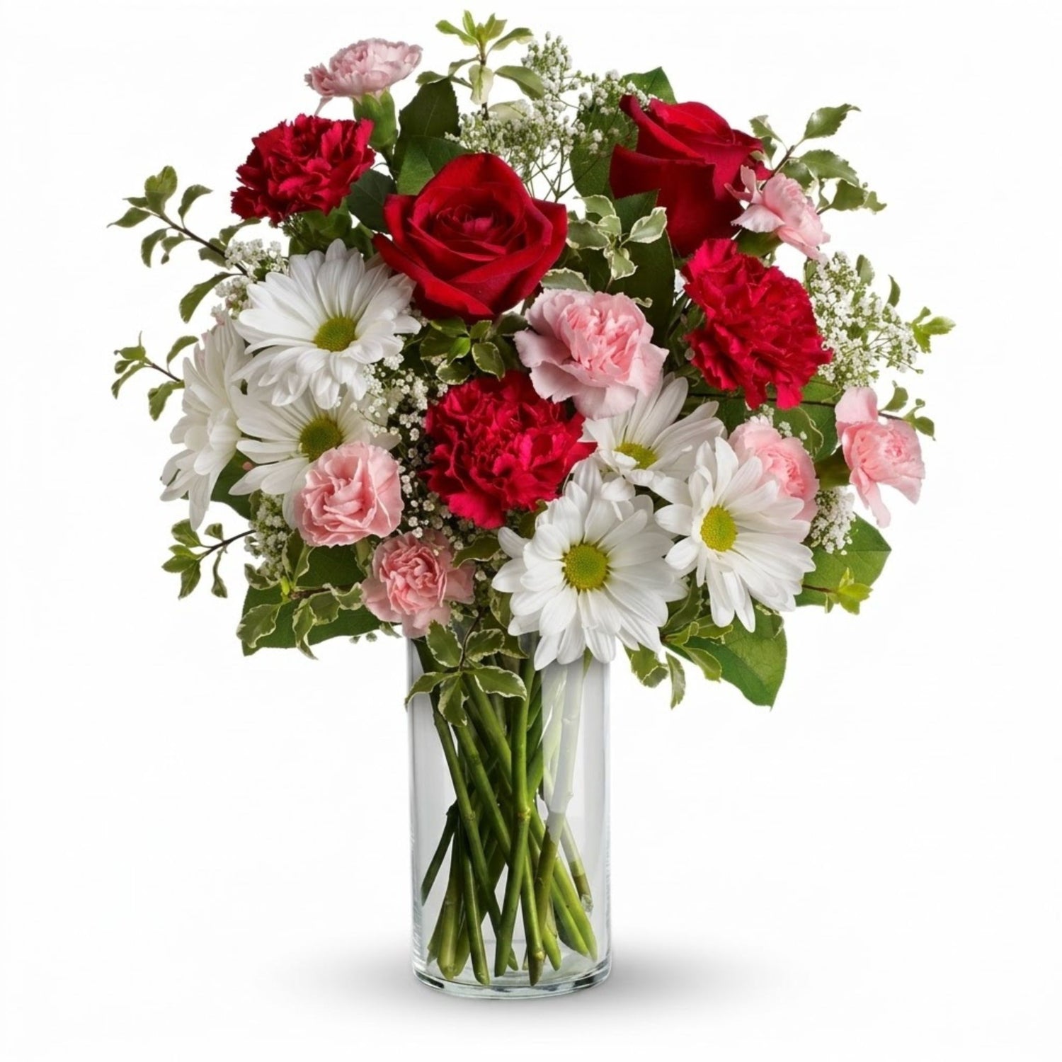 A Kiss in the Park – Red roses, white daisies and pink carnations in a clear glass cylinder vase by Karen's Floral Expression, Bolingbrook