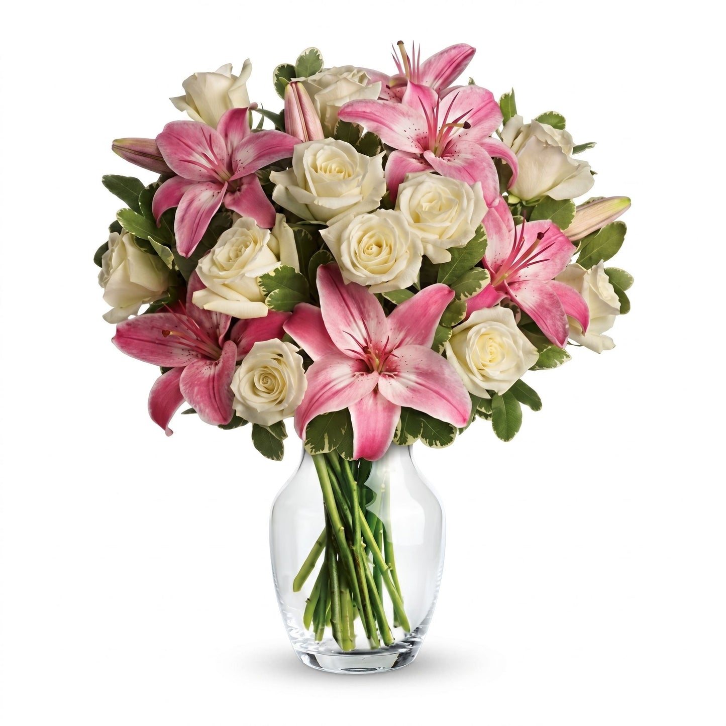 Always a Lady – Cream white roses and pink Stargazer lilies in a clear glass vase by Karen's Floral Expression, Bolingbrook