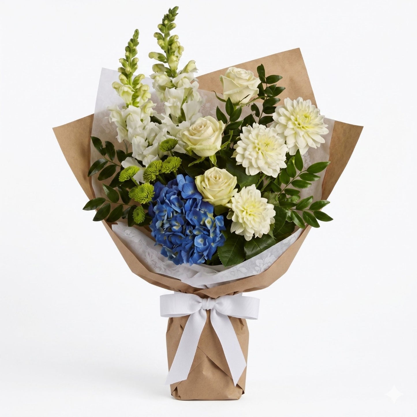 Blue and White Ocean Wrapped Bouquet – Fresh Flower Gift Bouquet