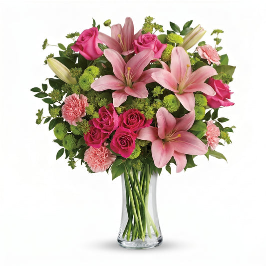 Dressed To Impress Bouquet – Pink Asiatic lilies, hot pink roses and carnations in a clear glass vase by Karen's Floral Expression, Bolingbrook