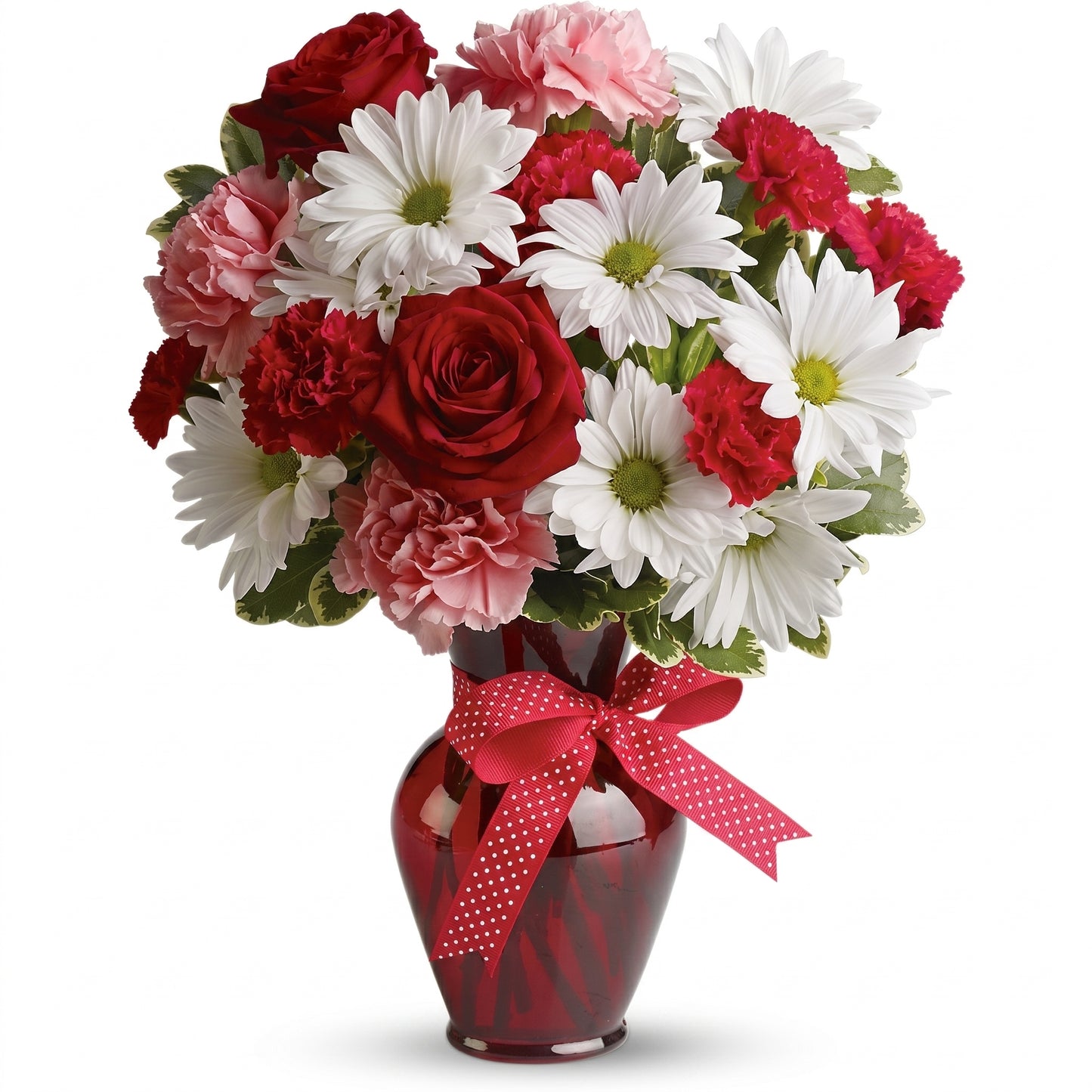 Hugs and Kisses Bouquet – Red roses, white daisies and carnations in a red glass vase with polka-dot ribbon bow by Karen's Floral Expression, Bolingbrook