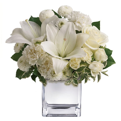 Peace & Joy Bouquet – All-white lilies, roses, carnations and button mums in a white ceramic cube vase by Karen's Floral Expression, Bolingbrook