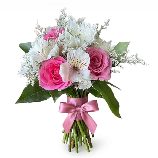 Hot pink rose prom hand-tied bouquet with white alstroemeria, button mums and pink satin ribbon bow