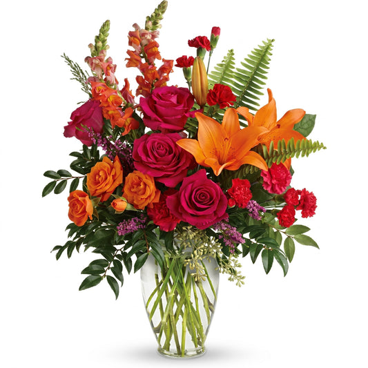 Punch Of Color Bouquet – Hot pink roses, orange Asiatic lilies and peach snapdragons in a clear glass vase by Karen's Floral Expression, Bolingbrook