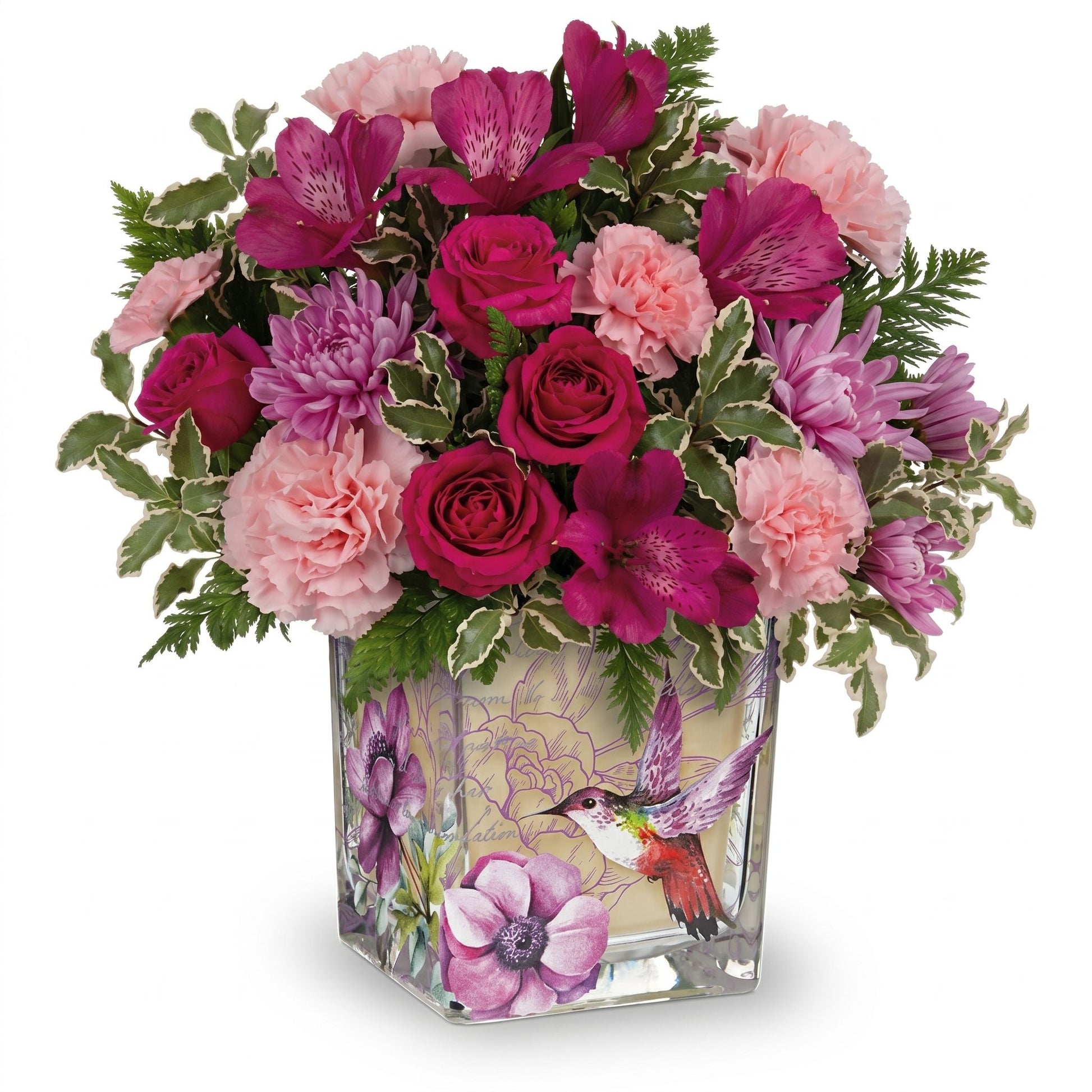 Sweet Hummingbird Bouquet – Hot pink roses, purple alstroemeria and lavender chrysanthemums in a hummingbird-printed glass cube vase by Karen's Floral Expression, Bolingbrook