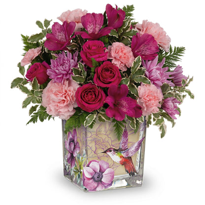 Sweet Hummingbird Bouquet – Hot pink roses, purple alstroemeria and lavender chrysanthemums in a hummingbird-printed glass cube vase by Karen's Floral Expression, Bolingbrook
