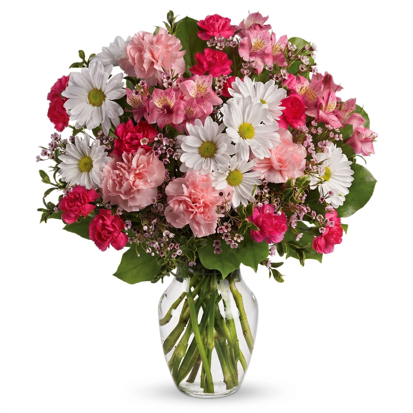 Sweet Tenderness – White daisies, pink carnations, alstroemeria and waxflower in a clear glass vase by Karen's Floral Expression, Bolingbrook
