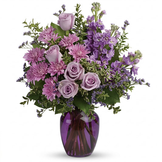 Together At Twilight Bouquet – Lavender roses, purple stock and mauve chrysanthemums in a deep purple glass vase by Karen's Floral Expression, Bolingbrook