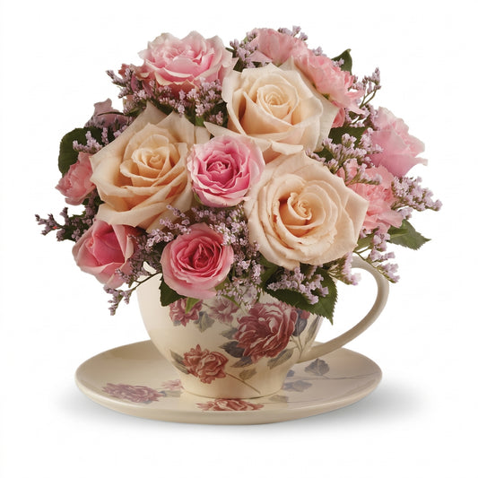 Victorian Teacup Bouquet – Cream roses, pink spray roses and lavender statice in a floral-printed ceramic teacup and saucer by Karen's Floral Expression, Bolingbrook