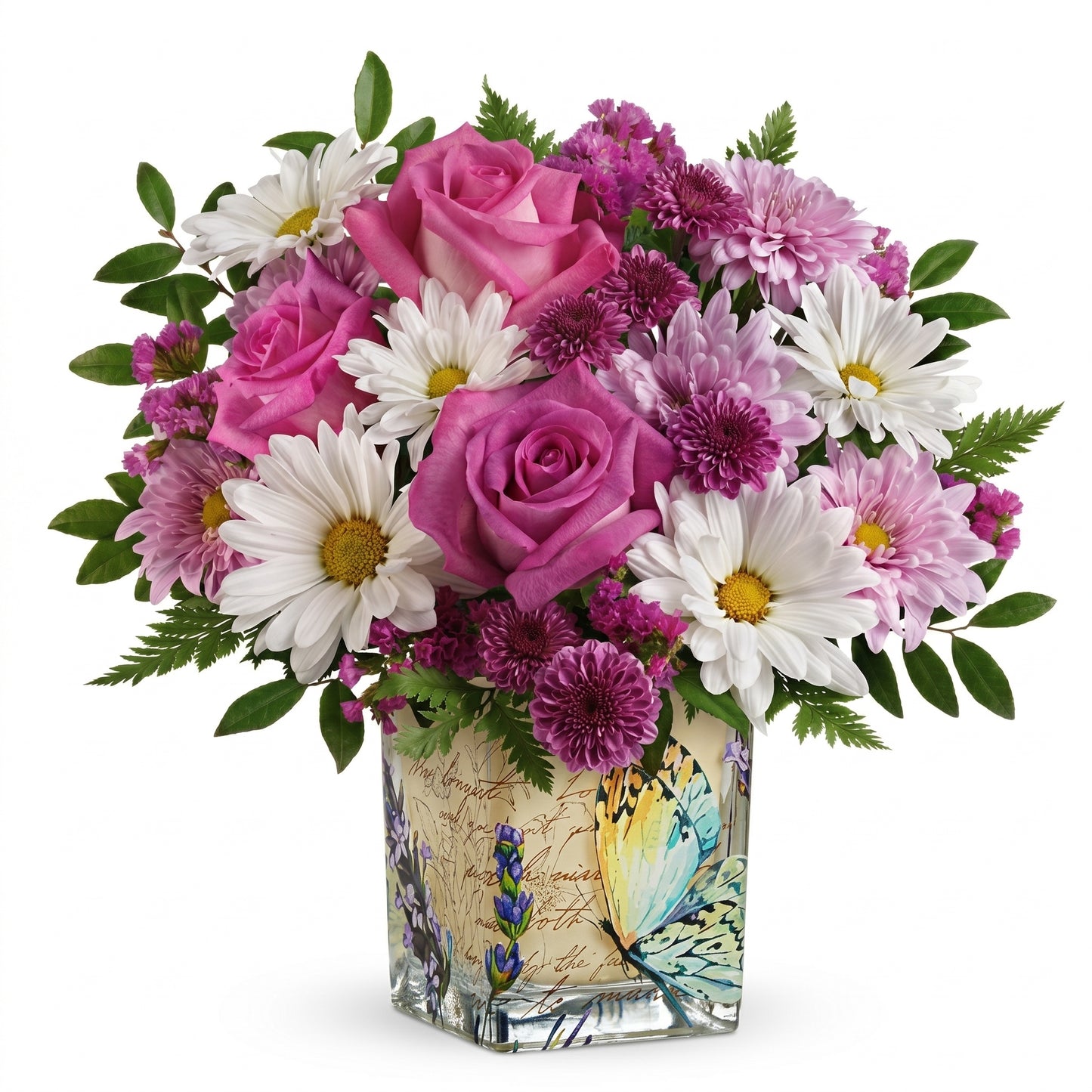 Vintage Butterfly Bouquet – Hot pink roses, white daisies and lavender chrysanthemums in a butterfly-printed glass cube vase by Karen's Floral Expression, Bolingbrook