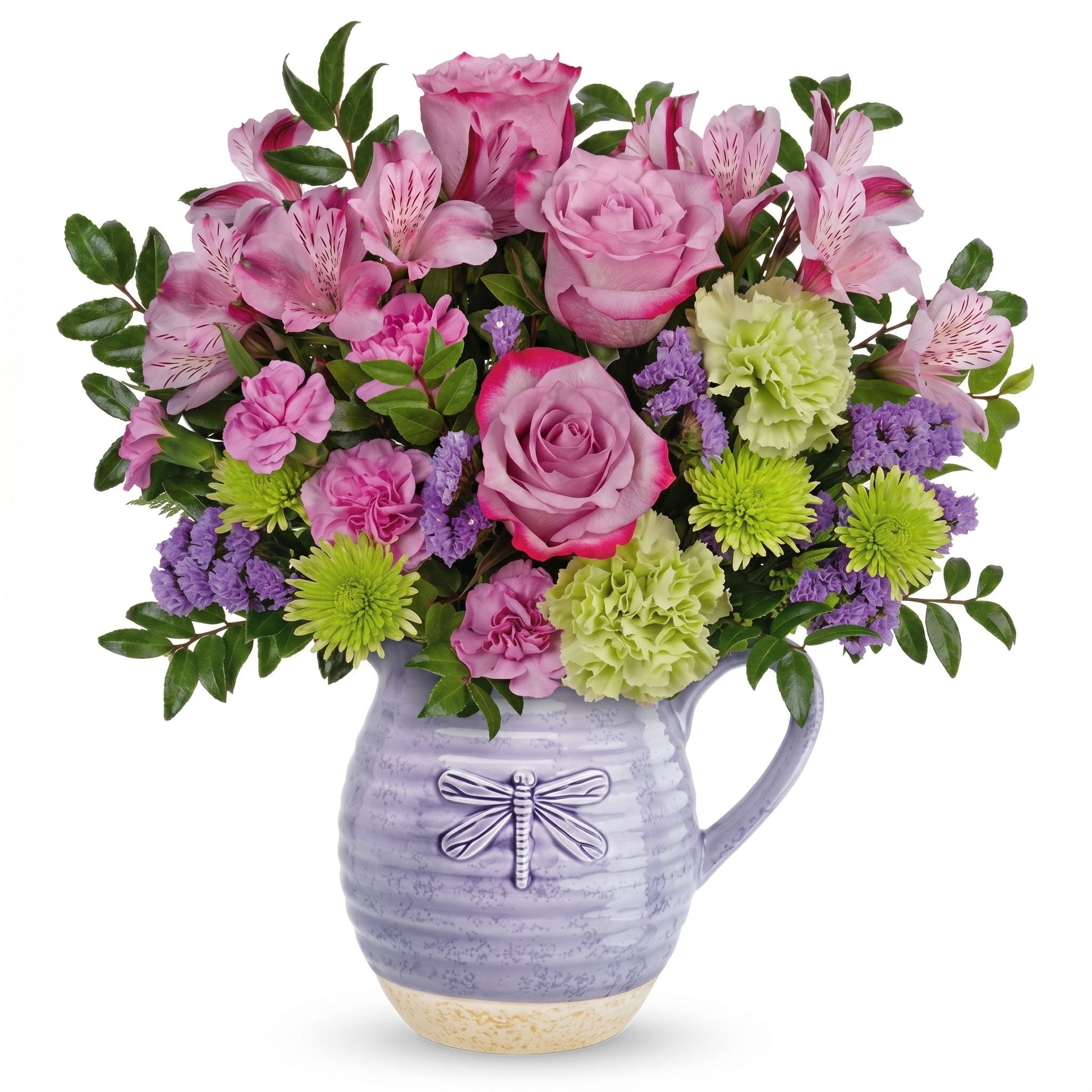 Whimsical Dragonfly Bouquet – Lavender roses, pink alstroemeria and carnations in a lavender ceramic dragonfly pitcher by Karen's Floral Expression, Bolingbrook
