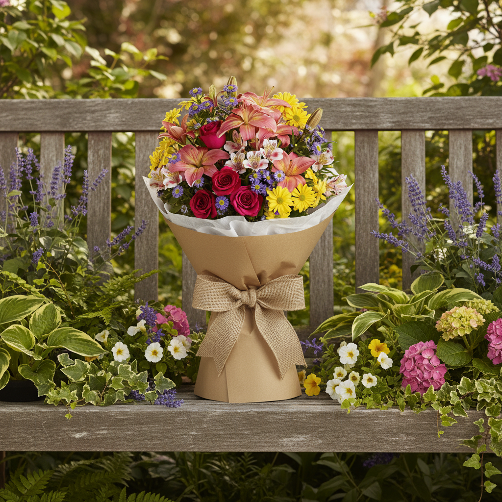 Afternoon in the Garden Wrapped Bouquet in Natural Setting