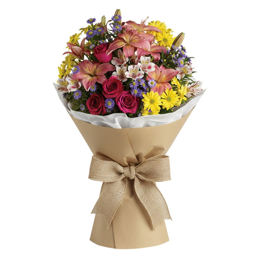 Colorful mixed bouquet with lilies, roses and daisies in kraft wrap — Karen's Floral Expressions, Bolingbrook, IL