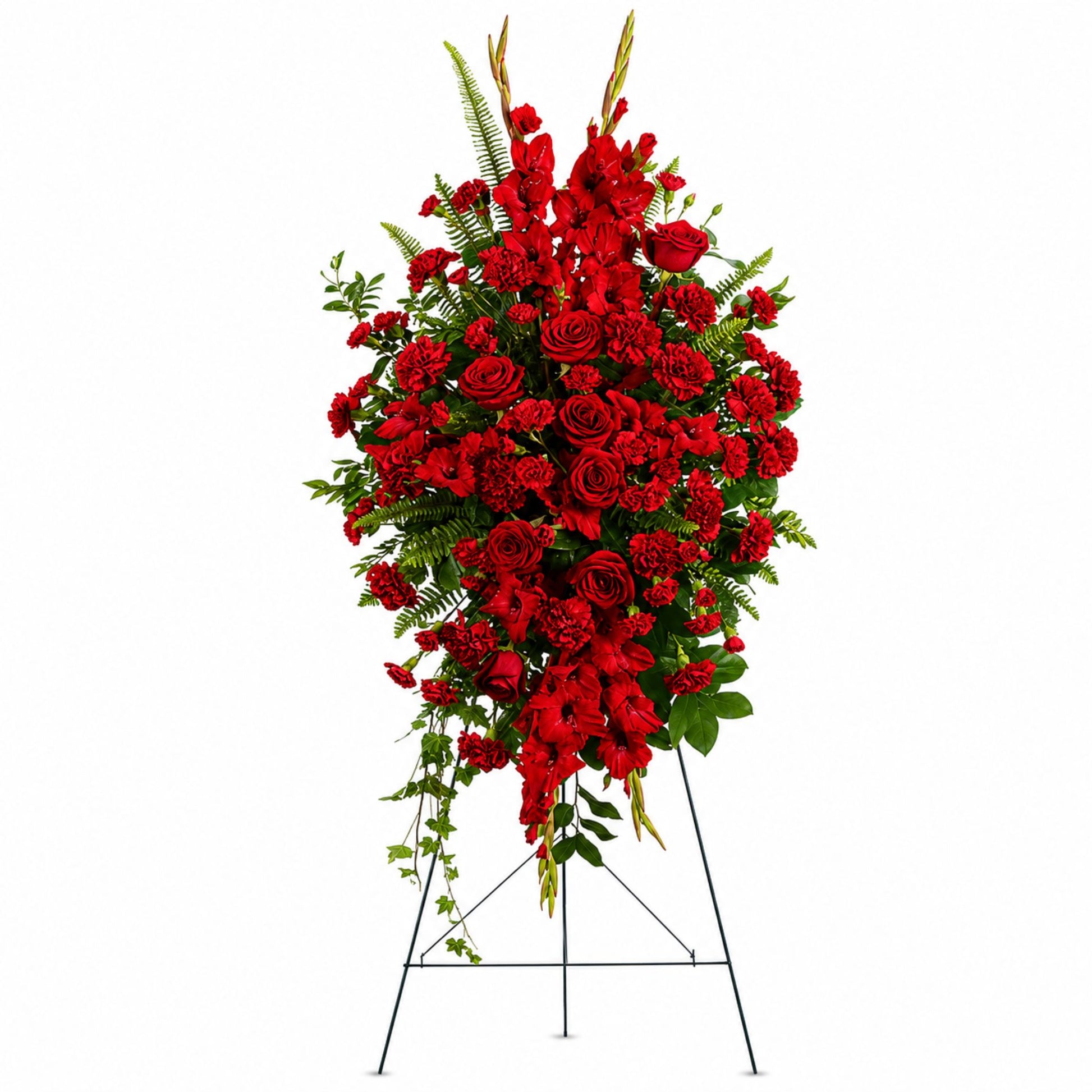 All-red rose and gladiolus funeral standing spray on easel
