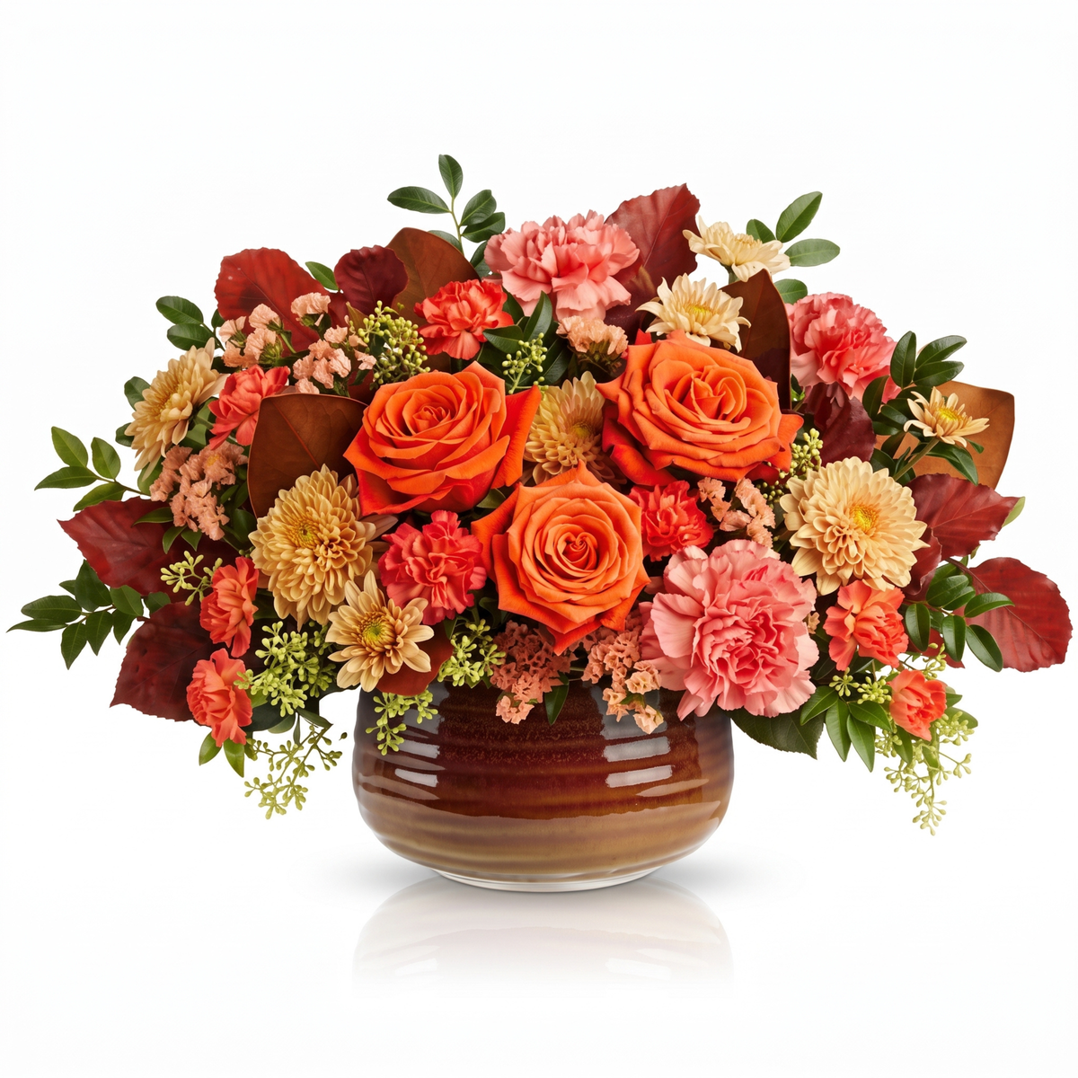 Orange rose and dahlia fall centerpiece, Bolingbrook IL