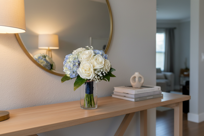 Blue & White Hand-Tied Bouquet – Interior Setting