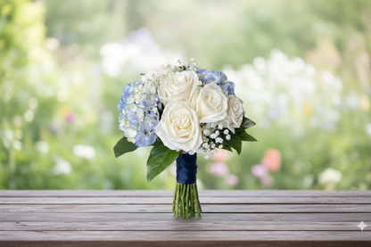 Blue & White Hand-Tied Bouquet – Natural Setting