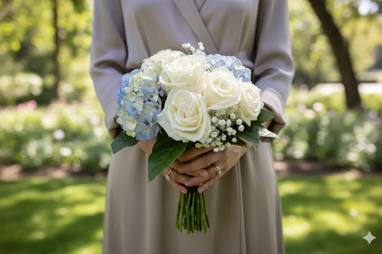 Blue & White Hand-Tied Bouquet – Person Holding Outdoor