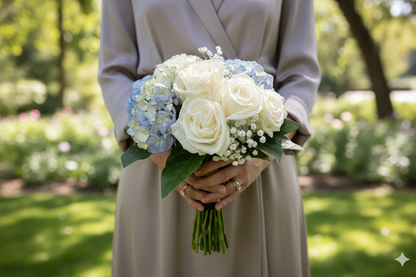 Blue & White Hand-Tied Bouquet – Person Holding Outdoor