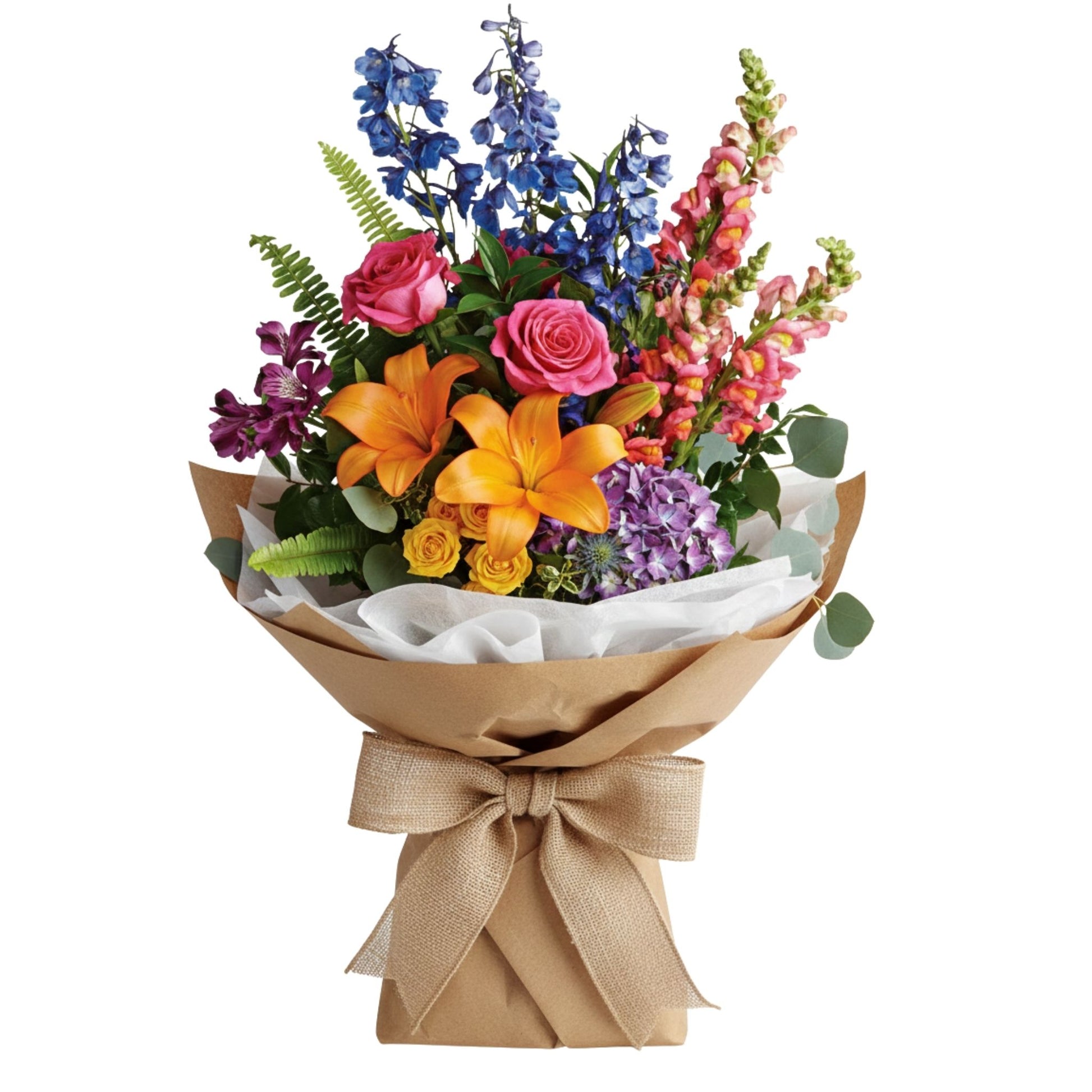 Vibrant rainbow mixed bouquet with lilies, roses and delphinium in kraft wrap — Karen's Floral Expressions, Bolingbrook, IL