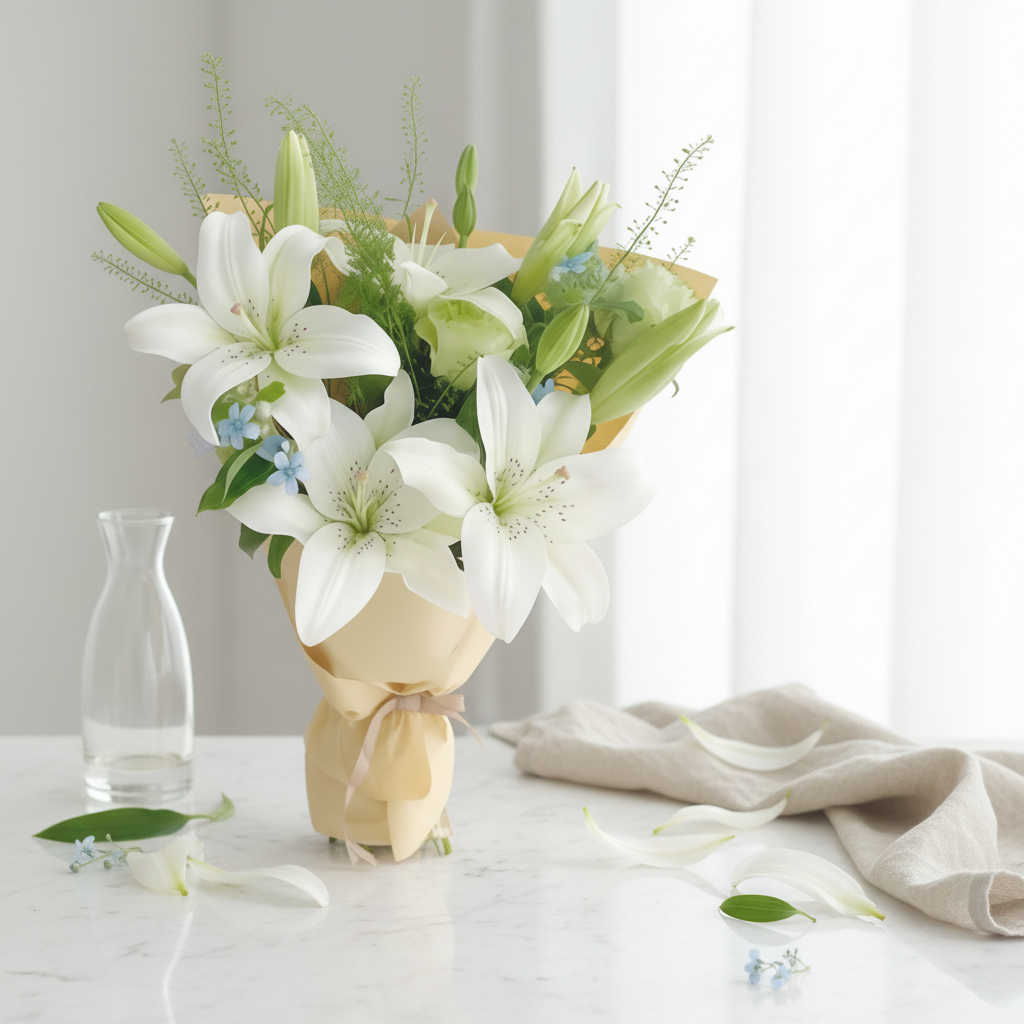 Fresh Lilies Wrapped Bouquet in an elegant bright setting