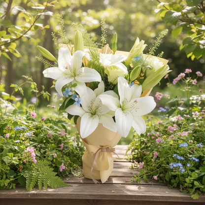 Fresh Lilies Wrapped Bouquet in Natural Setting