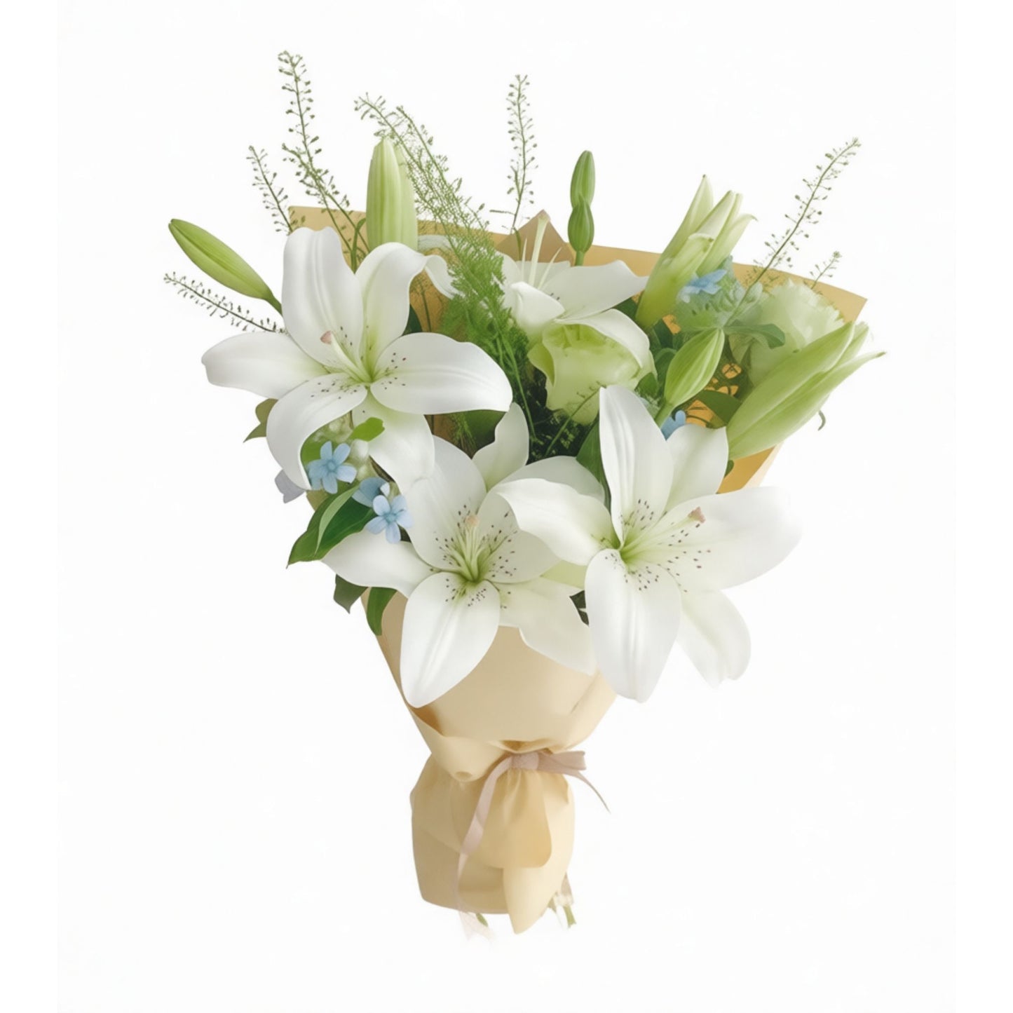 Fresh white lilies wrapped bouquet with greenery in cream kraft paper — Karen's Floral Expressions, Bolingbrook, IL