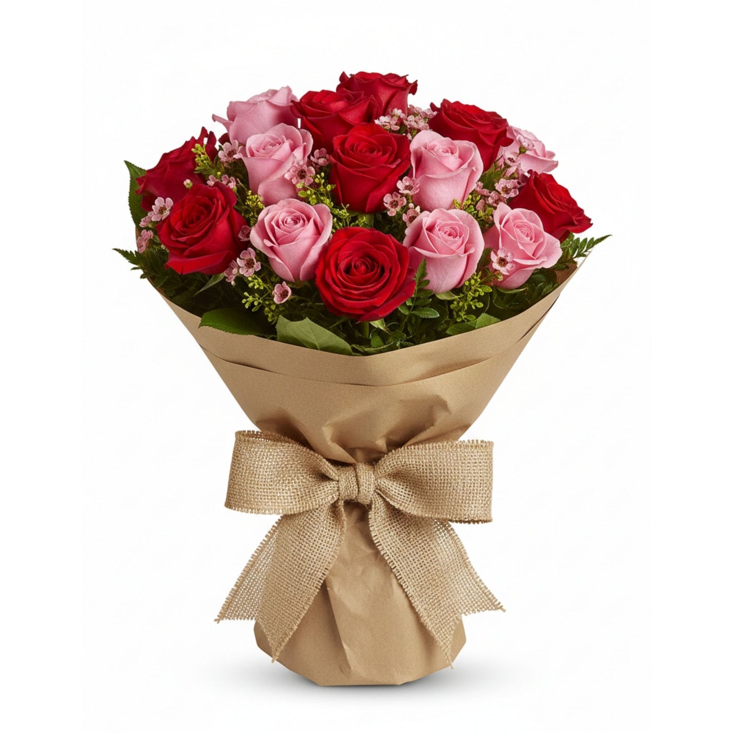 Red and pink roses wrapped bouquet with burlap bow — Karen's Floral Expressions, Bolingbrook, IL