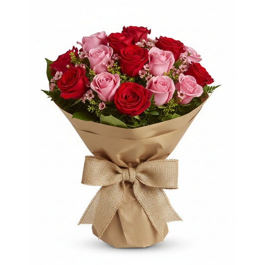 Red and pink roses wrapped bouquet with burlap bow — Karen's Floral Expressions, Bolingbrook, IL