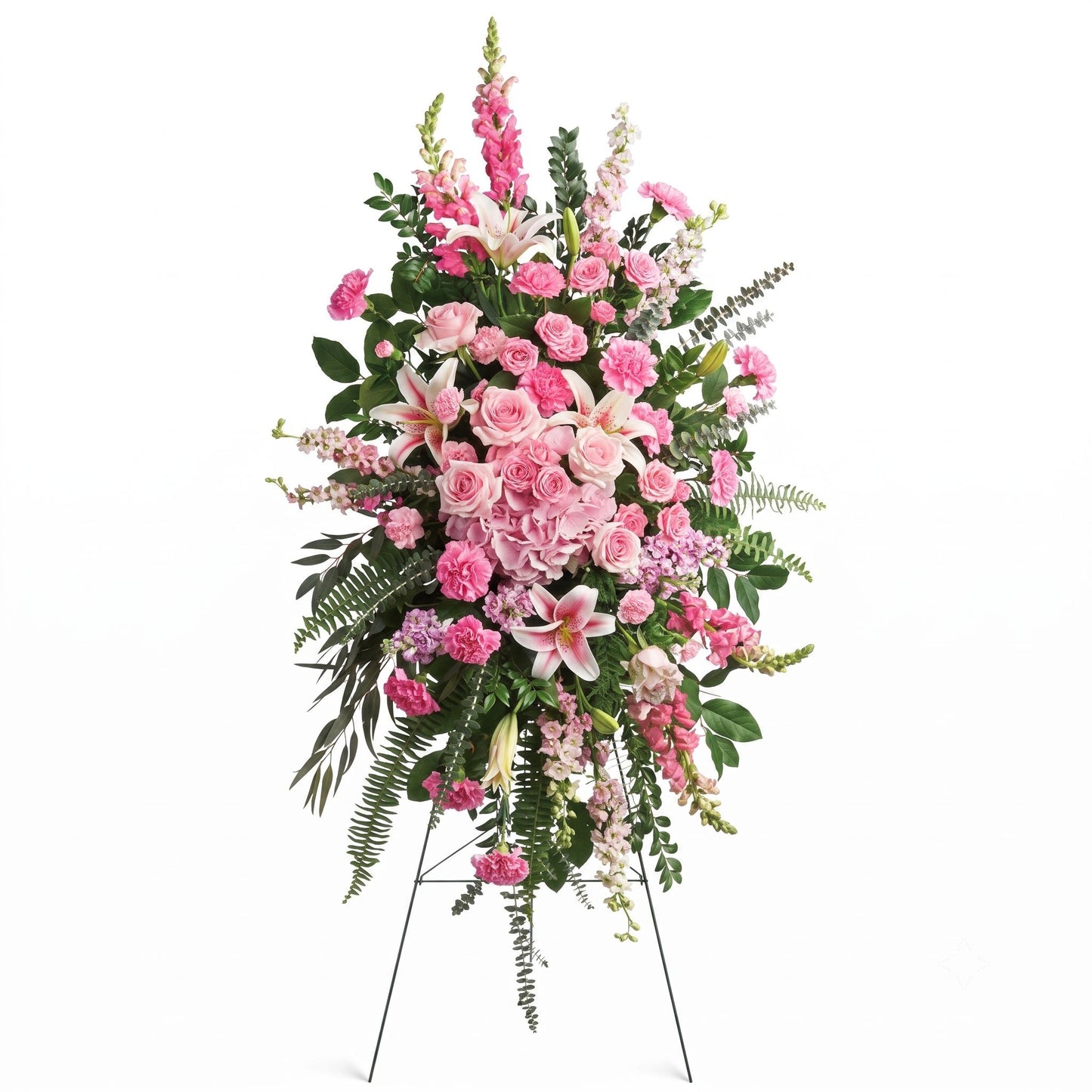Pink rose, hydrangea and stargazer lily standing spray on easel